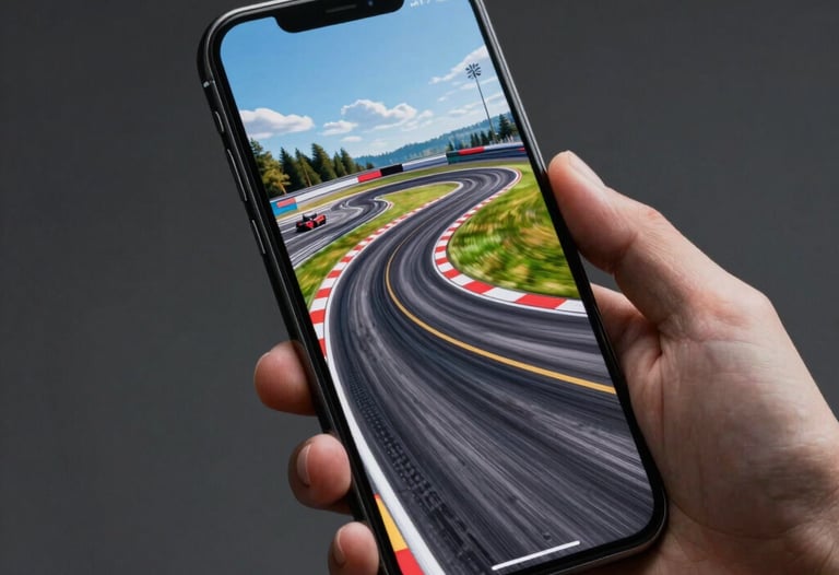 A professional studio photograph of a smartphone held in landscape orientation, showing a 3D racing track with vibrant lighting. North American / Global market.