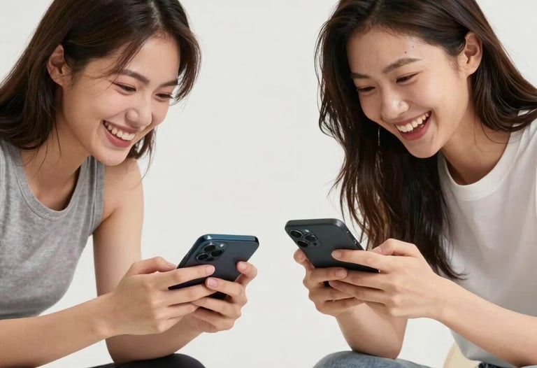 A lifestyle studio photograph of two people laughing and playing a competitive game on their smartphones. Bright, clean North American / Global aesthetic.