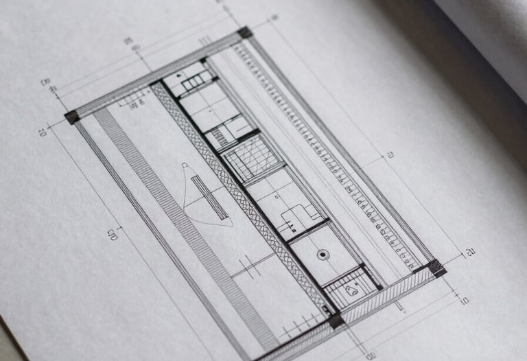 Close overhead shot of architectural drawing sheets on a drafting table, dense dimension annotations and code reference notes visible in sharp focus, task lighting casting clean hard shadows across the paper surface