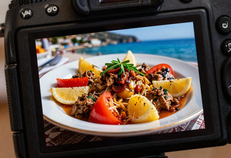 A close-up of a professional camera monitor showing a beautifully plated Mediterranean dish at a Bodrum restaurant. Vibrant colors. Turkish / Aegean Coast.