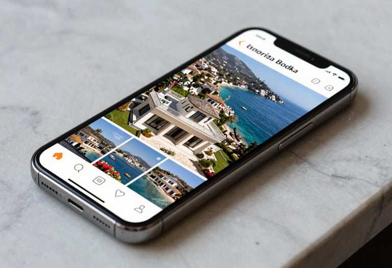 Close-up of a high-end smartphone on a marble surface showing a professional Instagram grid of a luxury villa in Bodrum. Elegant lighting, professional content creation style. Turkish / Aegean Coast.