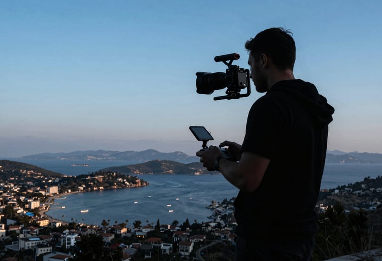 A videographer in silhouette using a drone controller on a hill overlooking Bodrum bay during blue hour. Professional gear. Turkish / Aegean Coast.