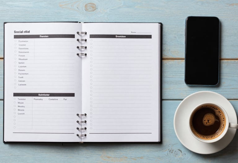 A flat lay photography of social media planning tools: a planner, a smartphone, and a cup of Turkish coffee on a light blue wood surface. Professional and organized. Turkish / Aegean Coast.