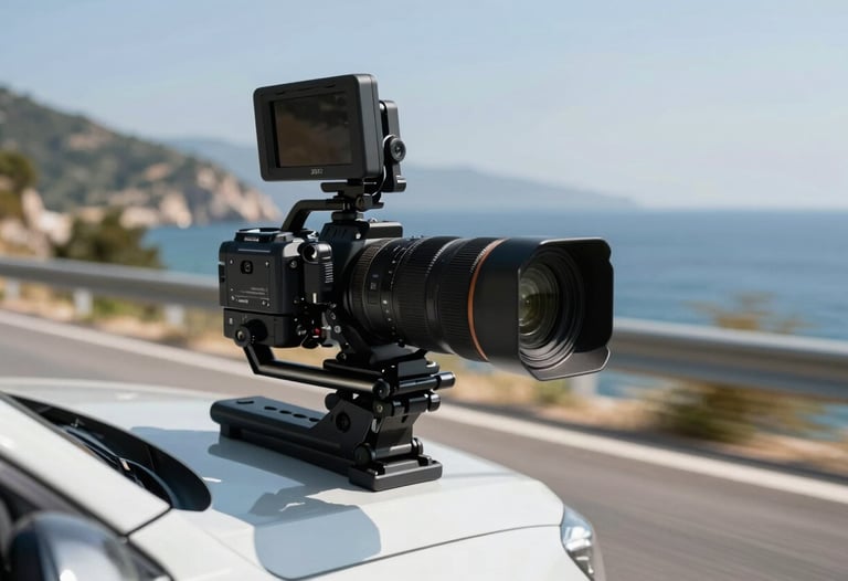 An action shot of a professional camera mounted on a car for high-speed tracking shots along a coastal road in Bodrum. Sharp and modern. Turkish / Aegean Coast.
