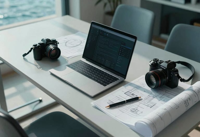 Overhead view of a creative meeting table with a laptop, a camera, and blueprints in a sunlit room in Bodrum. Muted teal and light blue tones. Turkish / Aegean Coast.