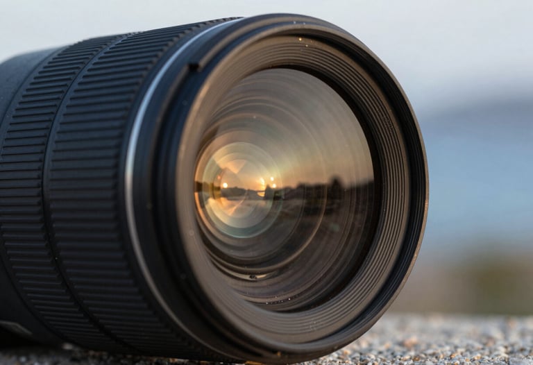 Close-up of a high-quality camera lens reflecting a sunset scene. Sharp focus on the glass elements, blurred background. Turkish / Aegean Coast.