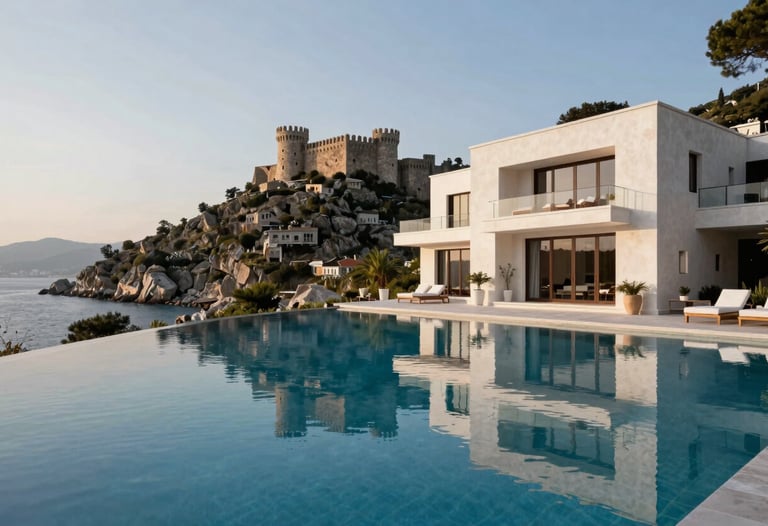 A crisp, high-resolution photo of a luxury villa's infinity pool reflecting the Bodrum castle. Professional architectural photography style. Turkish / Aegean Coast.