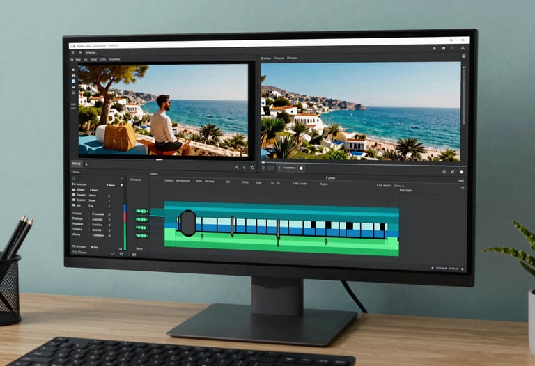 A creative workspace setup with a 4K monitor displaying a video editing timeline of a lifestyle promo. Modern aesthetic with muted teal tones. Turkish / Aegean Coast.