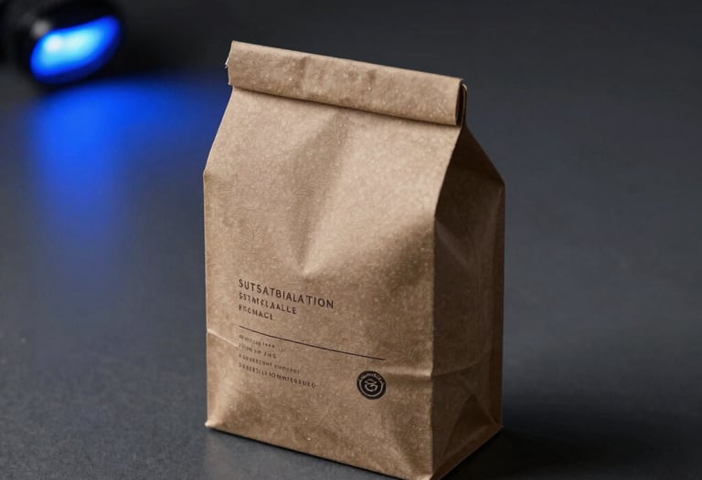 A photograph of a minimalist, sustainable product packaging design sitting on a dark grey surface with professional blue lighting accents.