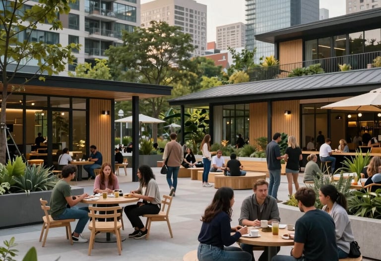 An outdoor photograph of a modern, eco-friendly community hub in a North American city, featuring people collaborating in a shared space.