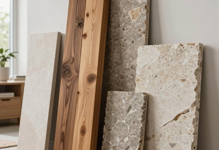A detailed photograph of high-end, sustainable architectural materials like reclaimed wood and recycled stone, presented in a bright, modern North American interior setting with soft lighting.