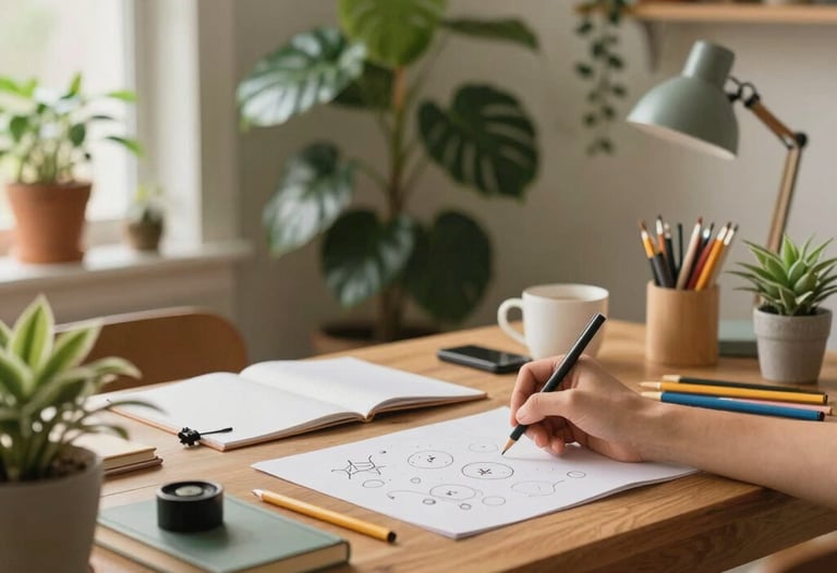 A lifestyle photograph of a family-friendly workspace in a North American home, featuring plants, warm lighting, and organized creative tools.