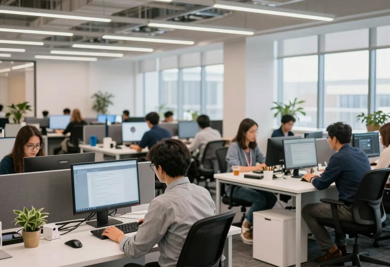 A photograph of a bright, open-plan workspace in a North American tech hub, featuring people working at clean, white desks.
