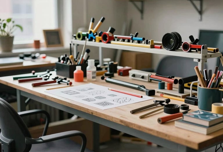 A detailed photograph of a shared maker space in a North American city, filled with professional tools and creative projects in progress.