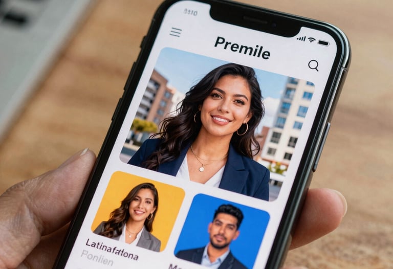 Close-up of a smartphone displaying a premium mobile application with a vibrant but professional color scheme. Soft focus on a wooden background, Latin American / Hispanic urban office vibe.
