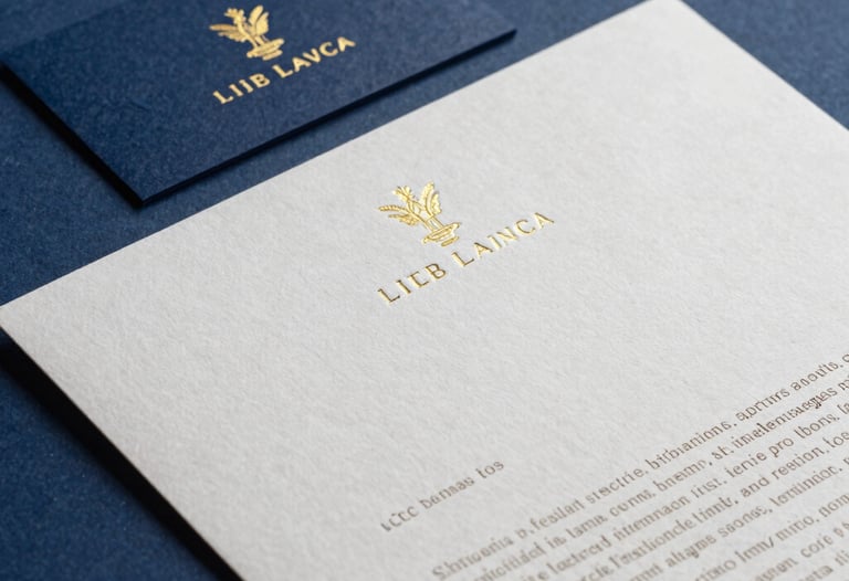 Detailed shot of printed brand stationery: business cards and letterheads with embossed gold-toned foil. Elegant, Latin American / Hispanic luxury style, moody shadows, deep blue background.