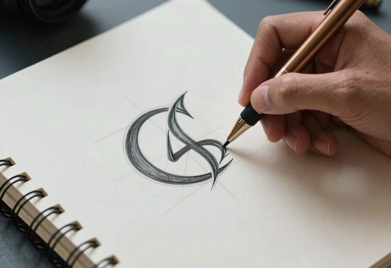 Close-up of a designer sketching a logo concept in a high-quality sketchbook. Warm bronze pen, muted steel blue tones in the environment, Latin American / Hispanic professional setting.