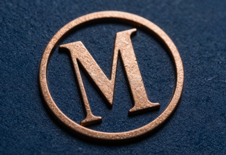 Macro shot of a high-quality print texture with a bronze-colored logo. Deep blue background, sophisticated and premium Latin American / Hispanic style.