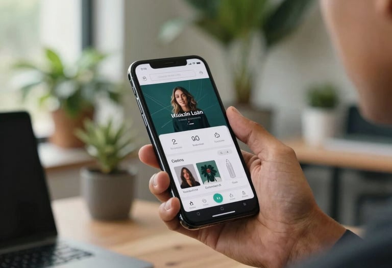 Lifestyle shot of a person using a high-end mobile device in a modern, plant-filled Latin American office. Natural lighting, focus on the screen showing a sleek brand interface.