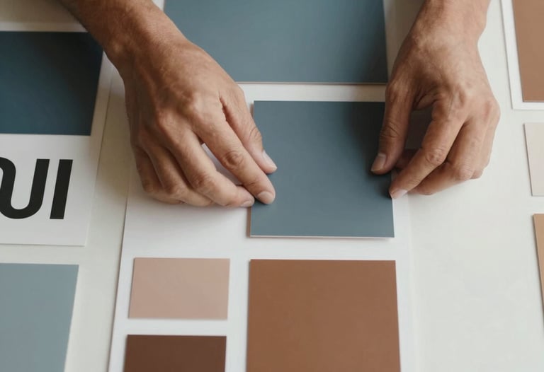 Top-down view of a designer's hands arranging minimalist color palettes and typography samples on a clean desk. Latin American / Hispanic context, professional lighting, muted steel blue and warm bronze colors visible.