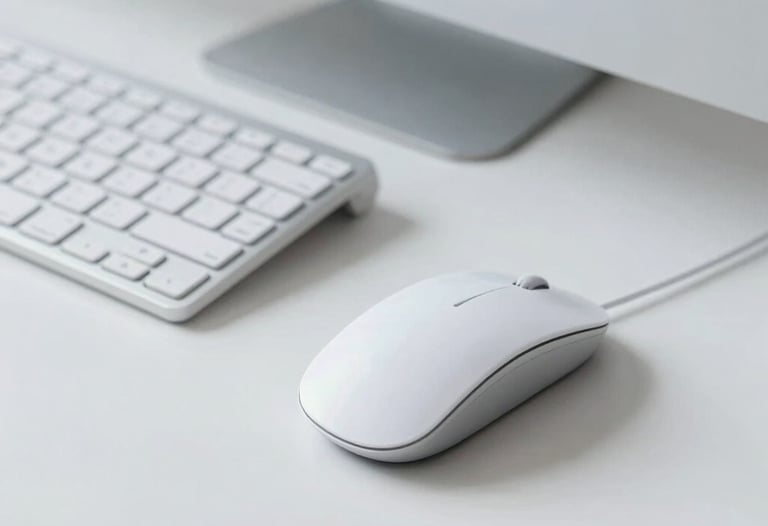 Minimalist desk setup with a designer's mouse and a keyboard. Professional Latin American creative studio environment, colors in ghost white and slate gray blue.