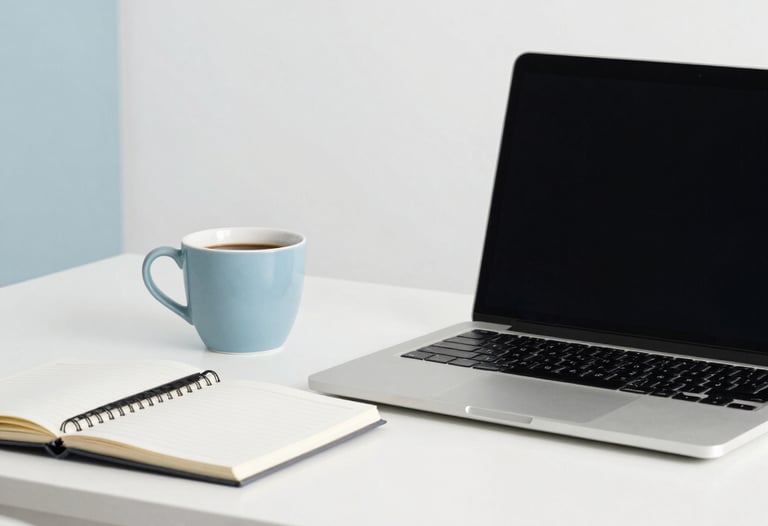 A minimalist workspace with a laptop and a notebook. A cup of coffee sits to the side. Bright, airy Latin American apartment studio. Colors dominated by ghost white and soft slate blue.