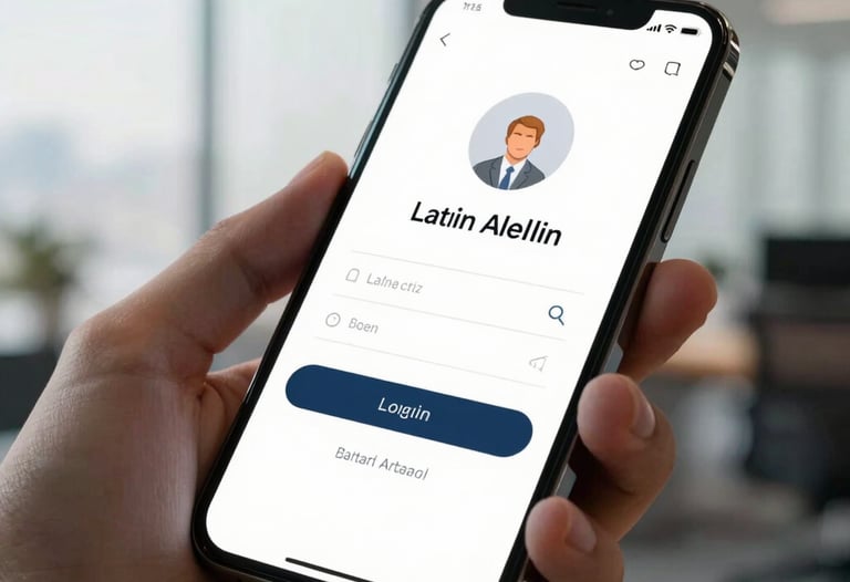 Close-up of a high-end smartphone showing a clean login interface for a web application. Soft morning light in a professional Latin American office.