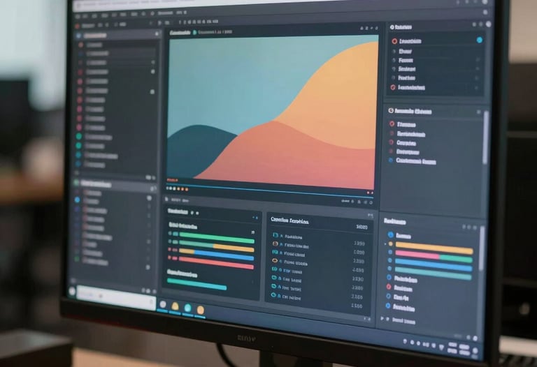 Close-up of a digital interface on a high-end monitor showing abstract data visualizations. Soft, cinematic lighting in a Latin American corporate environment.