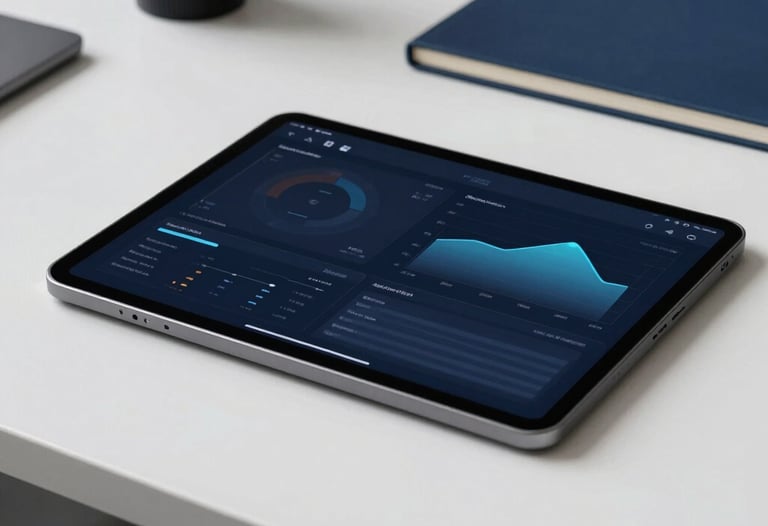 Clean photography of a sleek, dark metallic tablet on a desk, displaying a sophisticated dashboard with data charts. Background is a professional Latin American workspace, colors in ghost white and Oxford navy.
