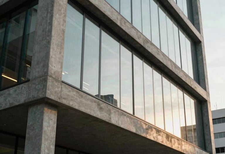 An architectural detail of a modern tech hub building in a Latin American city. Concrete and glass with soft shadows. Modern and professional aesthetic.