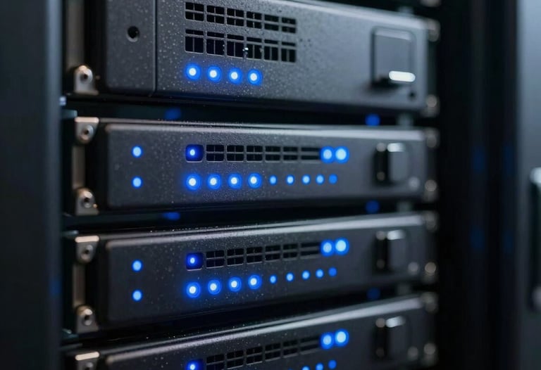 Macro photography of a server room with soft blue indicator lights, representing high-performance hosting and database management. Elegant and technical atmosphere.