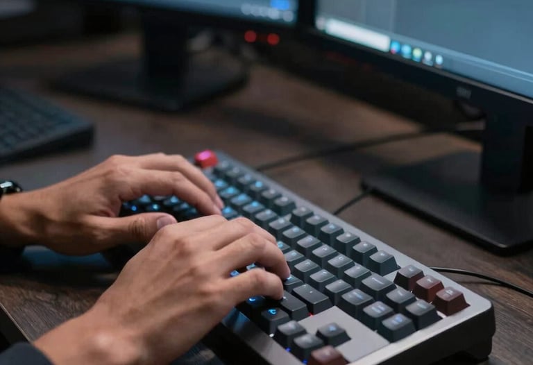 A close-up of a developer's hands typing on a mechanical keyboard. The scene is lit by the glow of monitors in a dark room with slate gray blue accents. Professional Latin American setting.