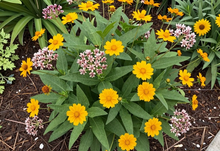 A backyard garden buzzing with bees and butterflies among blooming native plants.