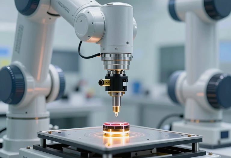 Macro photography of a high-precision medical sensor being assembled by a robotic arm in a brightly lit, high-tech cleanroom.