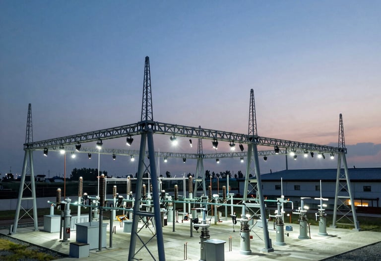 Aerial view of a modern energy substation with complex steel structures against a clear twilight sky, illuminated by cool white security lights.