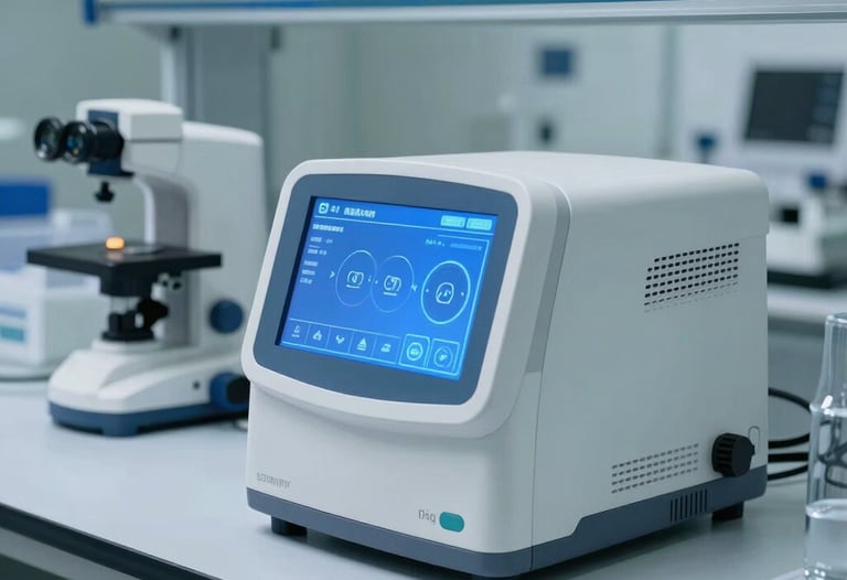 A clean, clinical laboratory setting in a South Asian city where a sleek medical diagnostic device with an glowing blue interface sits on a white sterile surface.