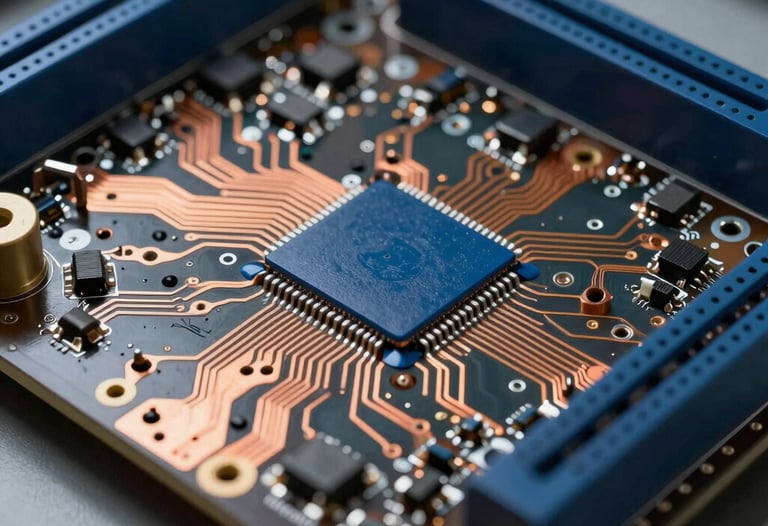 Close-up of a high-performance circuit board with copper traces and deep blue components, expertly soldered, showcasing engineering precision in a professional laboratory.
