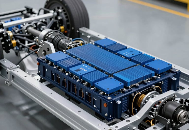 Modern electric vehicle chassis showing the complex navy and blue power electronics module installed within the frame, captured in a bright factory.
