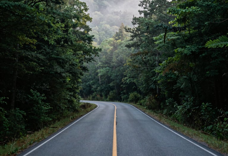 A winding asphalt road along the forest in Watauga County, North Carolina, morning fog rising from the deep valleys, documentary style.