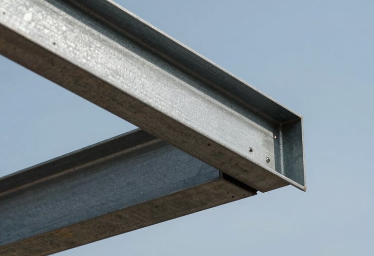 Close-up of a structural steel beam being placed with precision against a slate-blue sky during a custom residential build.