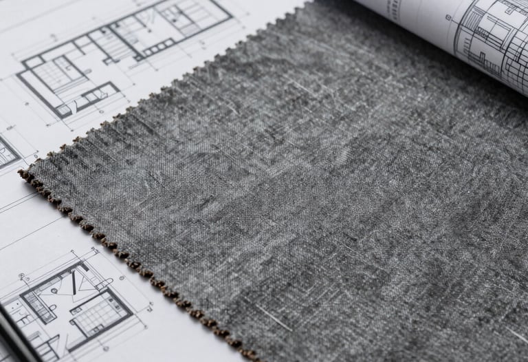 Detailed shot of an architectural blueprint overlaying a high-end textured gray fabric sample on a desk.