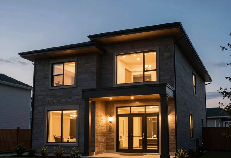 Dramatic low-angle shot of a custom-built modern home under a twilight sky in a North American suburb, highlighting the glow of interior architectural lighting.
