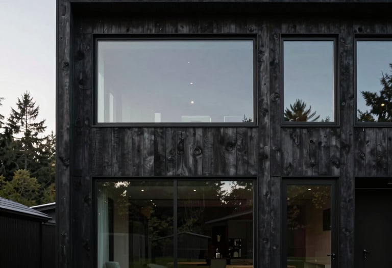 Minimalist photography of a modern home exterior in the Pacific Northwest, featuring dark wood siding and large windows.