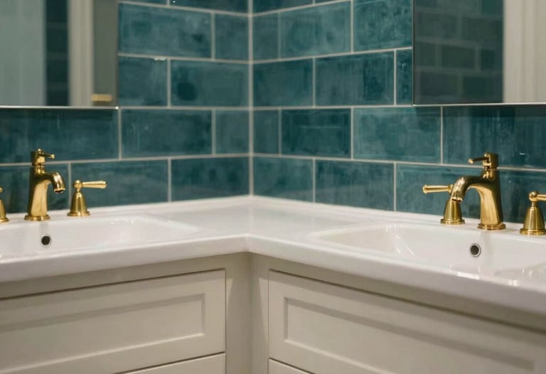 Clean, high-resolution photo of a finished bathroom featuring dark teal tiles, off-white cabinetry, and gold fixtures in a modern US home.