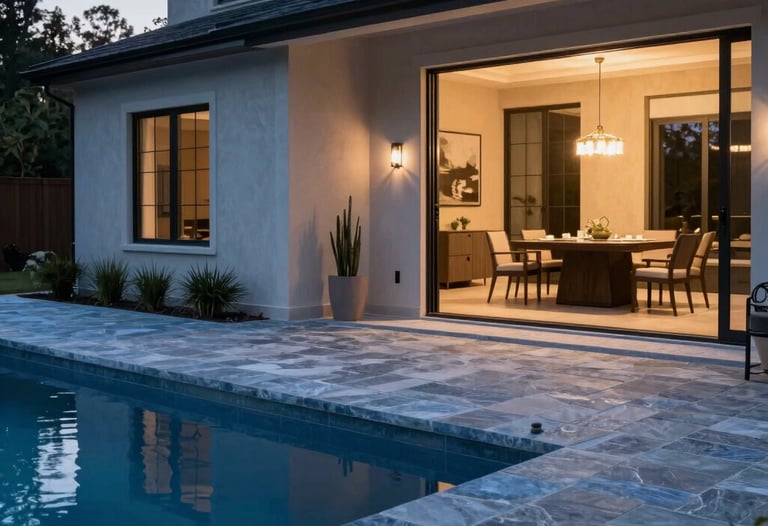 Exterior shot of a custom home's pool area in a North American setting, featuring seamless indoor-outdoor flooring and slate blue accents.
