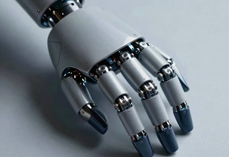 Close-up of a high-tech robotic hand touching a light gray surface, with dark navy shadows and intricate mechanical details. Cinematic lighting.