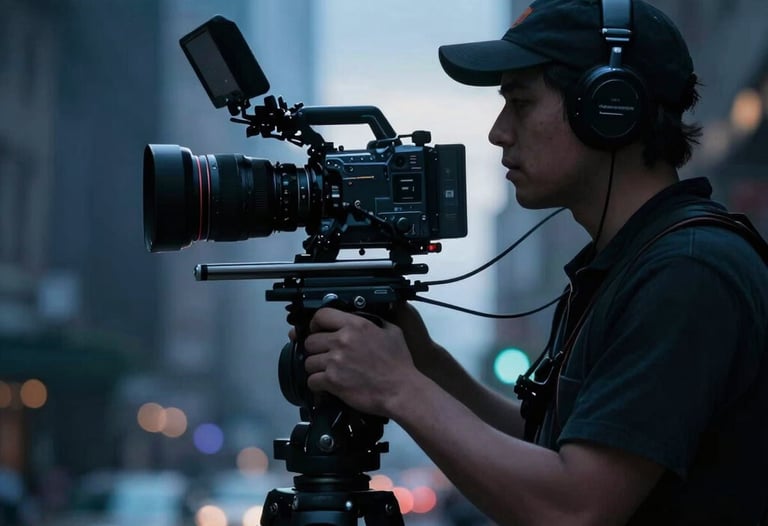 An atmospheric shot of a professional camera operator in a dark North American urban setting. Cinematic backlighting creates a steel blue halo, emphasizing the silhouette and high-end equipment.