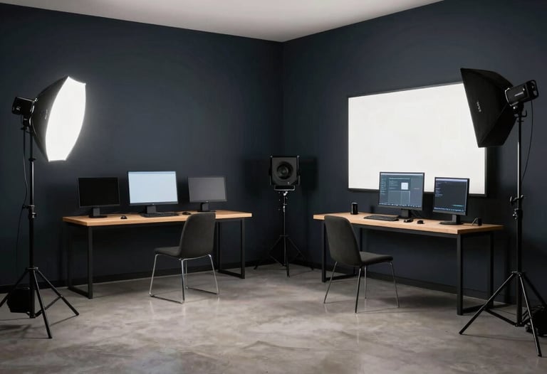 Wide shot of a modern, North American minimalist studio space. Dark navy walls, large monitors, and professional cinematic lighting equipment visible.