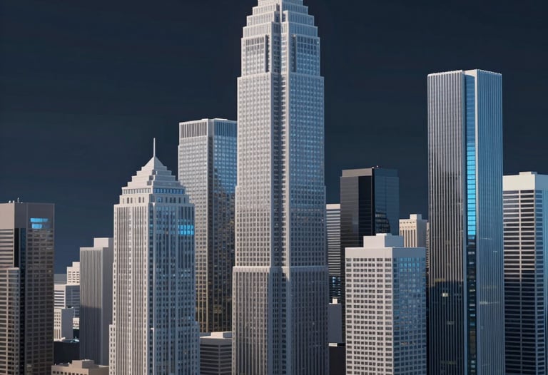 A futuristic 3D city scene with light gray skyscrapers and dark navy sky. Glowing steel blue highlights on the architecture, North American urban layout.