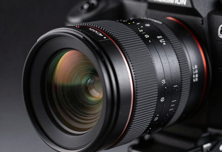Close-up photography of a professional camera rig with a macro lens, set against a dark background with light gray highlights. The lighting is dramatic and cinematic, focused on the intricate textures of the high-end lens housing.